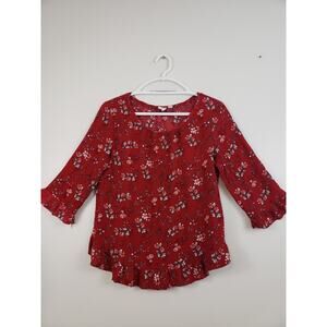 (85) Y2K GAP Blouse Top Womens Size M Red Floral Peasant Boho Ruffle Cottagecore